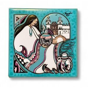 Cleo Teissedre 1991 Vintage Ceramic Hand-Painted Tile Coaster Blue Pink Woman